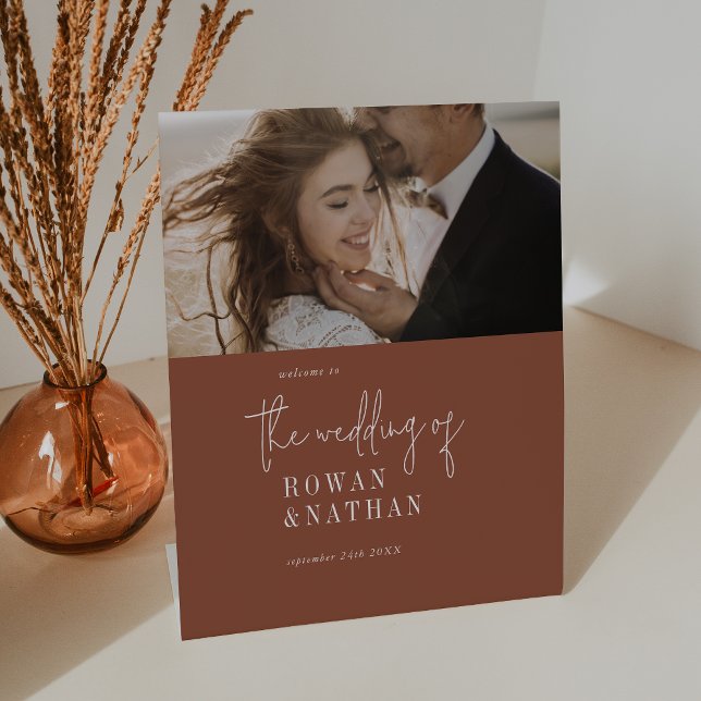 Modern Chic Terracotta Rust Photo Wedding Welcome Pedestal Sign (Creator Uploaded)