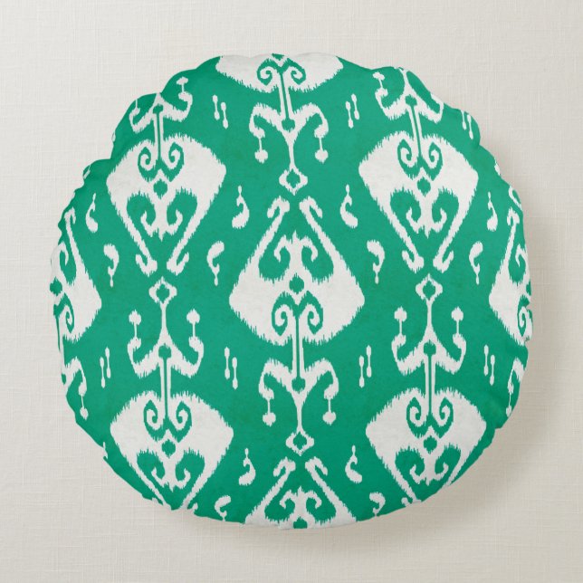 Modern chic textured green ikat tribal pattern round pillow (Front)
