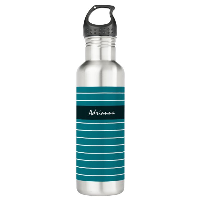 Modern Chic Thin Teal Stripes With Name Stainless Steel Water Bottle (Front)