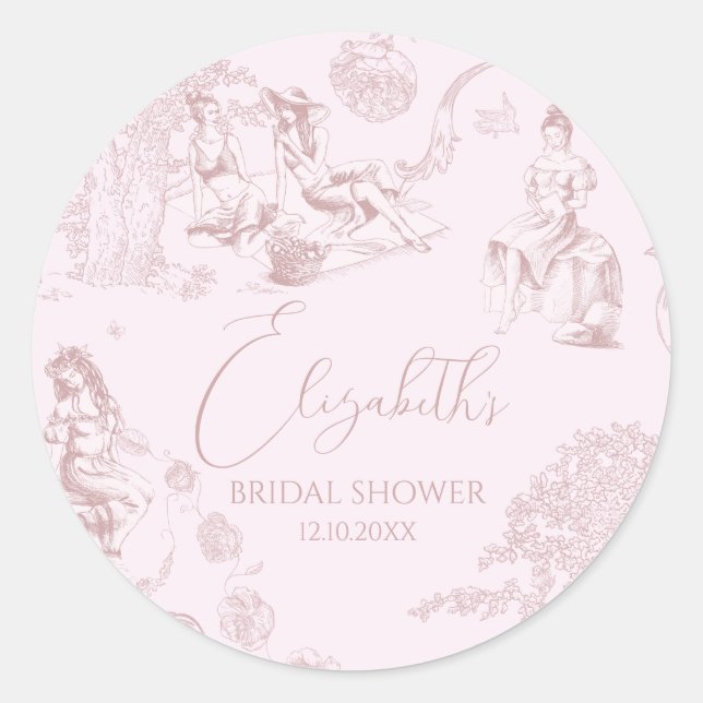 Modern Chic Toile de Jouy Picnic Bridal Shower  Classic Round Sticker (Front)