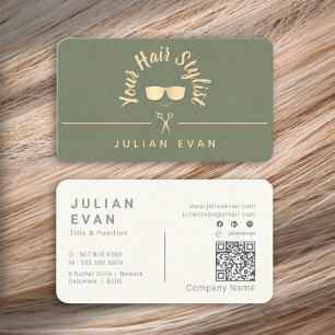 Modern Chic Trendy Sage Green Gold Hair Stylist Business Card