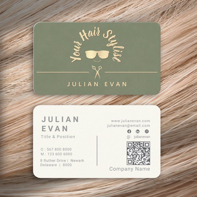 Modern Chic Trendy Sage Green Gold Hair Stylist Business Card (Modern Chic Trendy Sage Green Gold Hair Stylist Business Card )