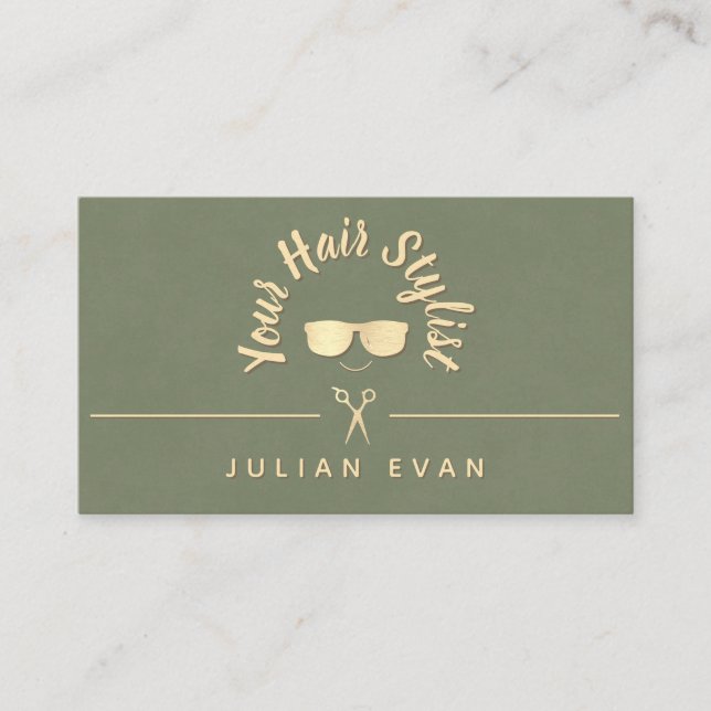 Modern Chic Trendy Sage Green Gold Hair Stylist Business Card (Front)