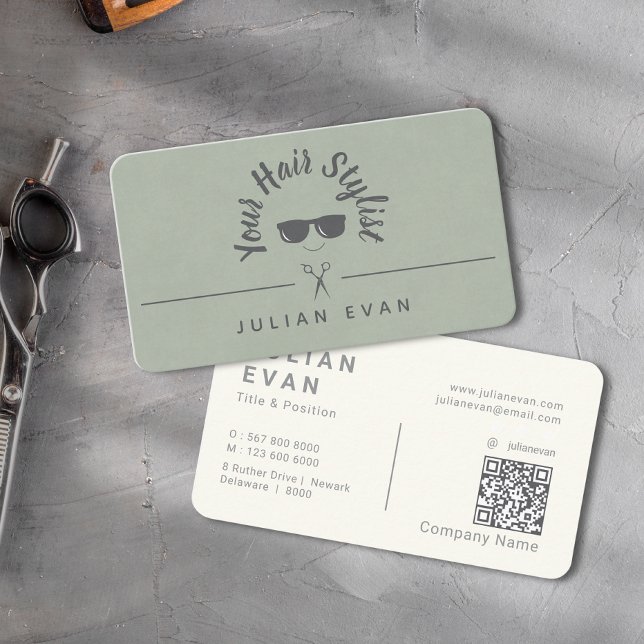 Modern Chic Trendy Sage Green Icon Hair Stylist Business Card (Modern Chic Trendy Sage Green Icon Hair Stylist Business Card )
