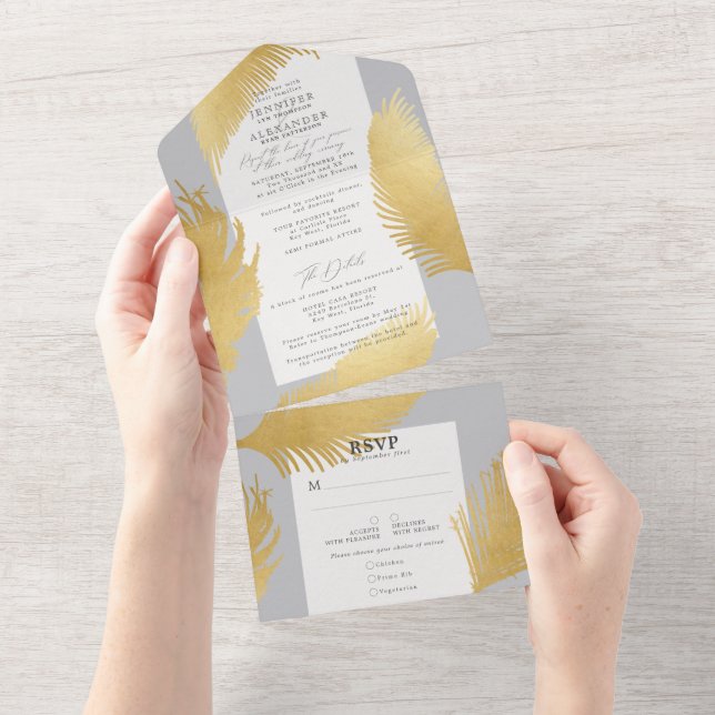 Modern Chic Tropical Gold Palm Light Grey Wedding All In One Invitation (Tearaway)