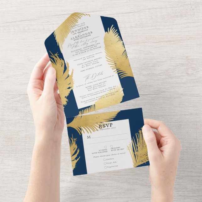 Modern Chic Tropical Gold Palm Navy Wedding  All In One Invitation (Tearaway)