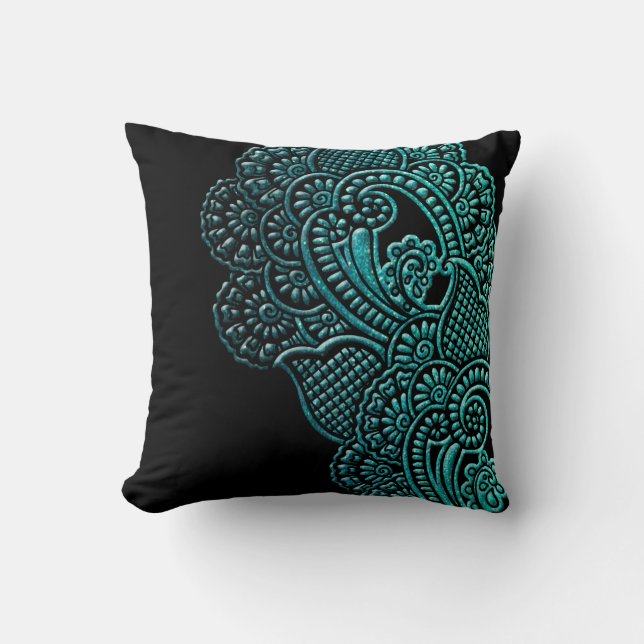 Modern Chic Turquoise Black Glitter Artsy Floral Throw Pillow (Front)
