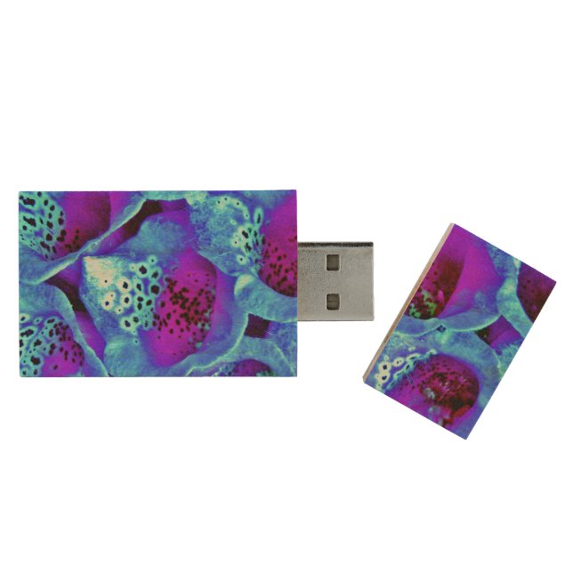 Modern Chic Turquoise Blue Flowers Nature  Wood Flash Drive (Opened)