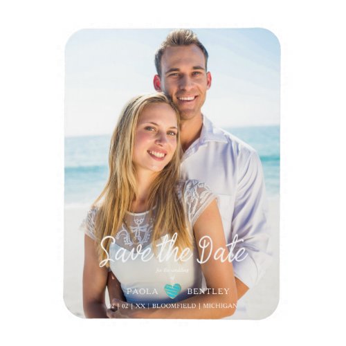 Modern Chic Turquoise Heart Photo Couple Save Date Magnet