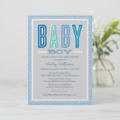 Modern Chic Type Blue Gray Boy Baby Shower Invitation (Standing Front)