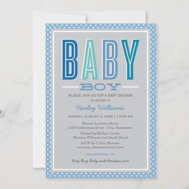 Modern Chic Type Blue Gray Boy Baby Shower Invitation (Front)