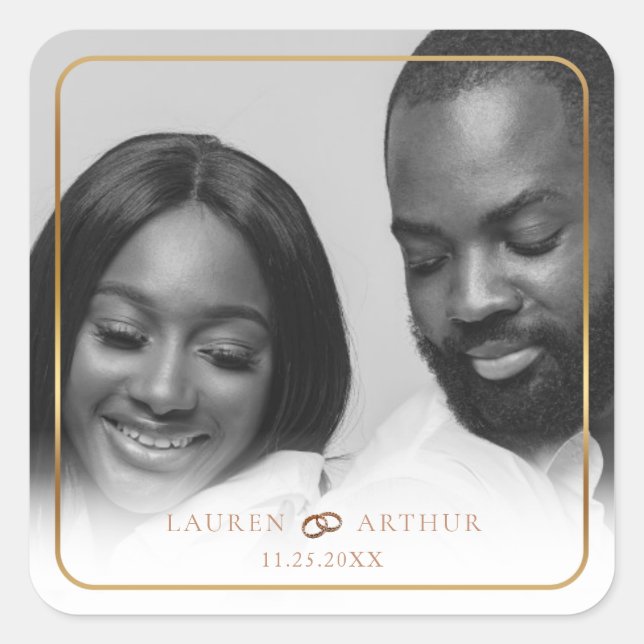 Modern Chic Ultra Minimal Gold Frame Photo Wedding Square Sticker (Front)