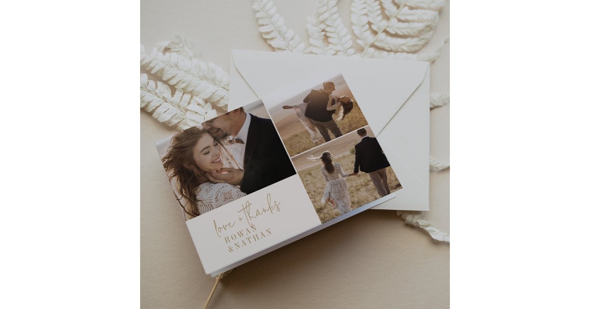 Modern Chic Vintage Gold 3 Photo Folded Wedding Thank You Card | Zazzle