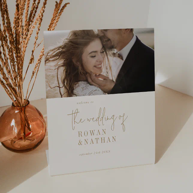 Modern Chic Vintage Gold Photo Wedding Welcome Pedestal Sign | Zazzle