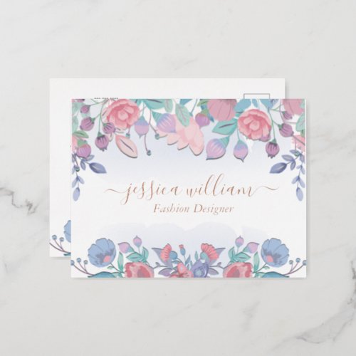 Modern Chic Watercolor Blue Hydrangeas Floral Post Foil Holiday Postcard