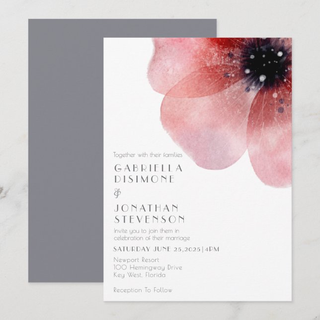 Modern Chic Watercolor Blush Poppy Gray Wedding Invitation (Front/Back)