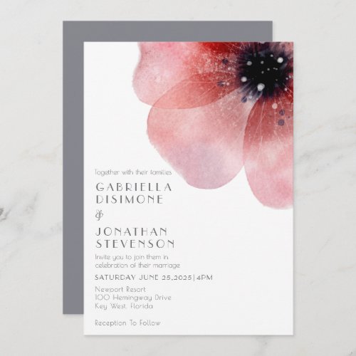 Modern Chic Watercolor Blush Poppy Gray Wedding Invitation