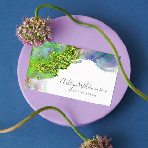 Modern, chic watercolor green blue & aqua splatter business card
