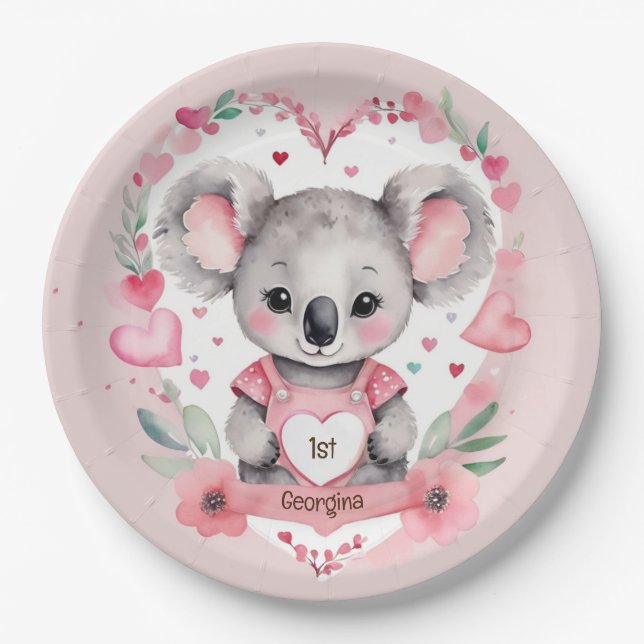 Modern Chic Watercolor Koala Pink Birthday Party Paper Plates (Front)