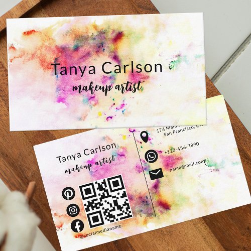 Modern Chic Watercolor Paint Splash Makeup Artist Business Card