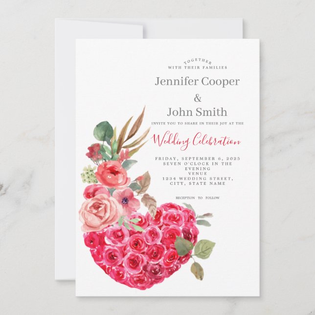 Modern Chic Watercolor Rose Heart Floral Wedding   Invitation (Front)