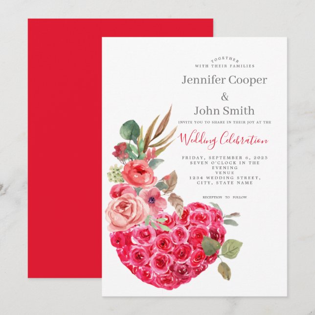 Modern Chic Watercolor Rose Heart Floral Wedding  Invitation (Front/Back)