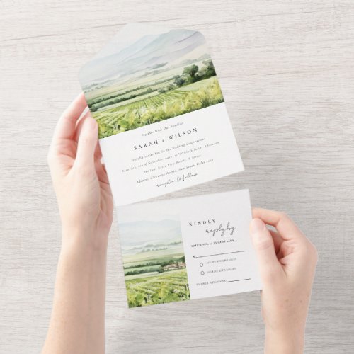 Modern Chic Watercolor Vineyard Landscape Wedding All In One Invitation