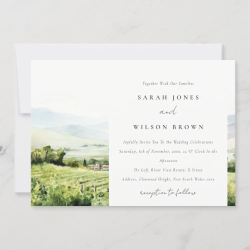 Modern Chic Watercolor Vineyard Landscape Wedding Invitation