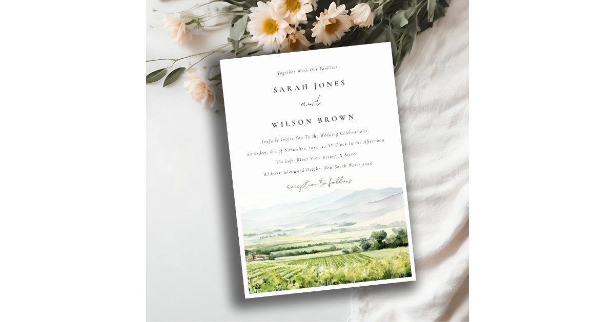 Modern Chic Watercolor Vineyard Landscape Wedding Invitation | Zazzle
