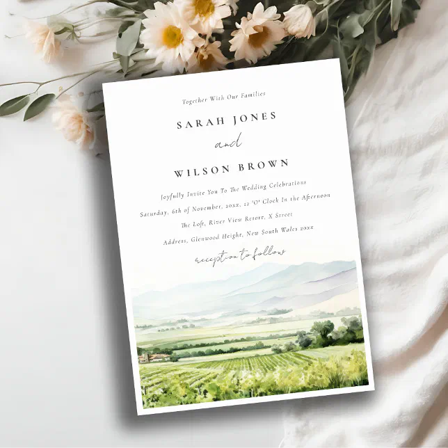 Modern Chic Watercolor Vineyard Landscape Wedding Invitation | Zazzle