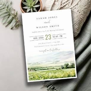 Modern Chic Watercolor Vineyard Landscape Wedding Invitation