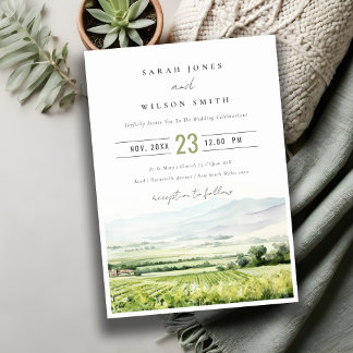 Modern Chic Watercolor Vineyard Landscape Wedding Invitation