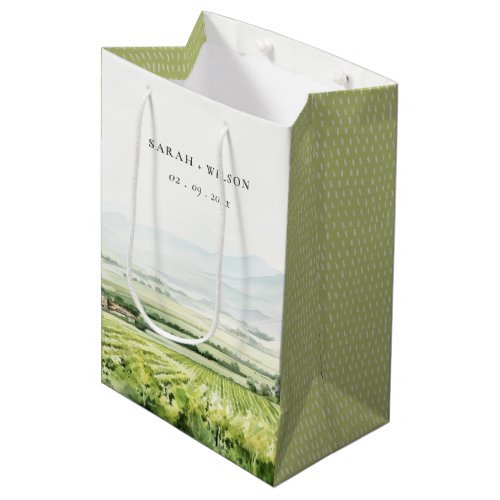 Modern Chic Watercolor Vineyard Landscape Wedding Medium Gift Bag