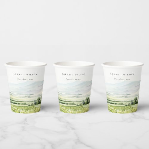 Modern Chic Watercolor Vineyard Landscape Wedding Paper Cups