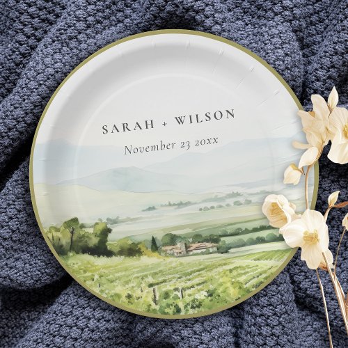 Modern Chic Watercolor Vineyard Landscape Wedding Paper Plates