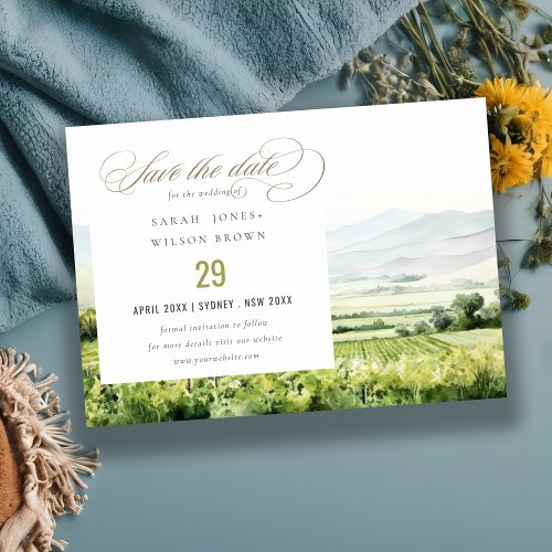 Modern Chic Watercolor Vineyard Landscape Wedding Save The Date