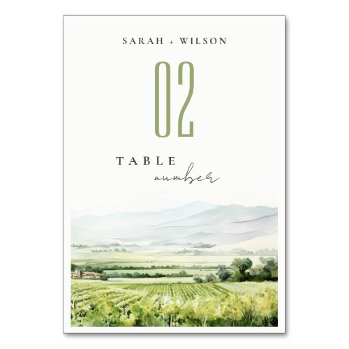 Modern Chic Watercolor Vineyard Landscape Wedding Table Number