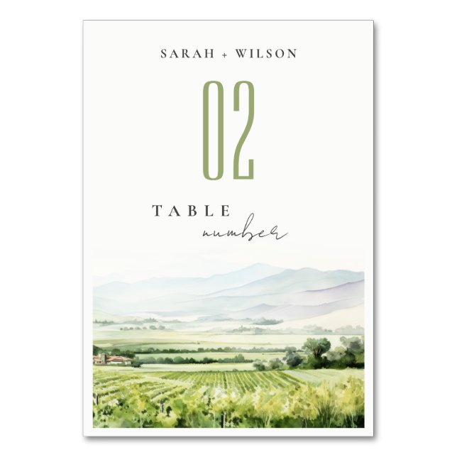 Modern Chic Watercolor Vineyard Landscape Wedding Table Number (Front)
