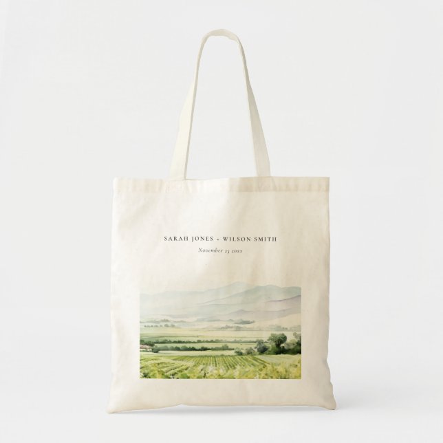 Modern Chic Watercolor Vineyard Landscape Wedding Tote Bag (Front)