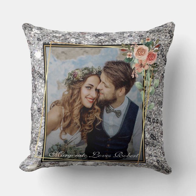 Modern Chic Wedding Love Couple Silver Glitter Throw Pillow (Front)