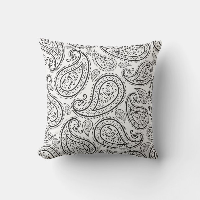 Modern Chic White and Black Paisley Throw Pillow (Front)