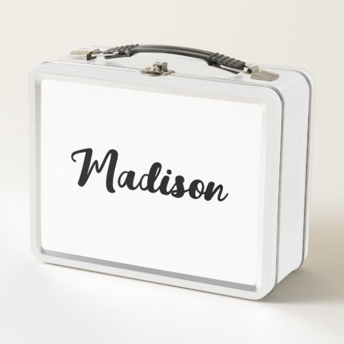 Modern Chic White Black Script Personalized  Metal Lunch Box