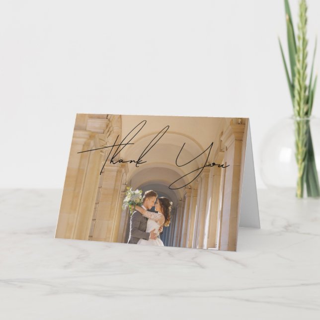 Modern Chic White & Black Scripts Wedding Photo Letterpress Thank You Card (Front)