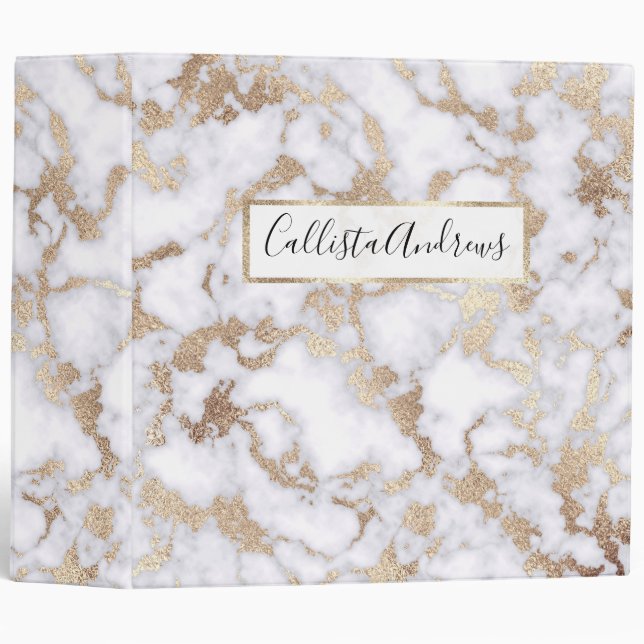 Modern Chic White Gold Foil Marble Pattern 3 Ring Binder (Front/Spine)