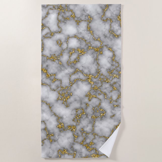 Modern Chic White Gold Foil Marble Pattern Beach Towel (Front)