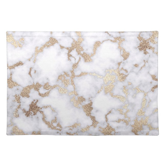 Modern Chic White Gold Foil Marble Pattern Cloth Placemat (Front)
