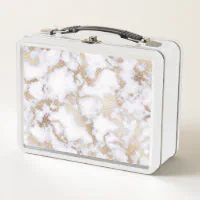 Modern Chic White Gold Foil Marble Pattern Metal Lunch Box