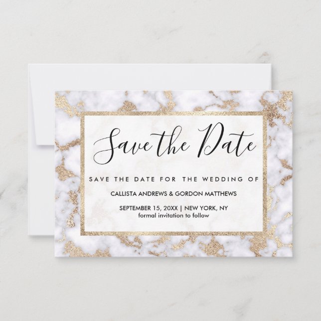 Modern Chic White Gold Foil Marble Pattern Save The Date (Front)