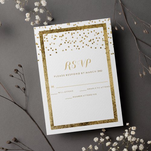 Modern chic white gold glam confetti RSVP