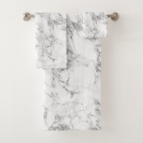 Modern Chic White Gray Silver Gray Glitter Marble Bath Towel Set